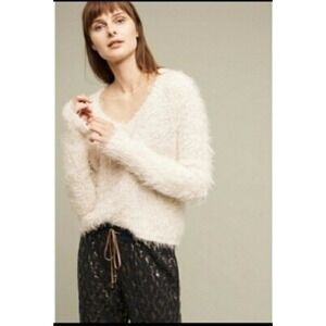 Knitted‎ & Knotted Anthropologie Sweater Women Medium Ivory Fuzzy Snowfrost Boho